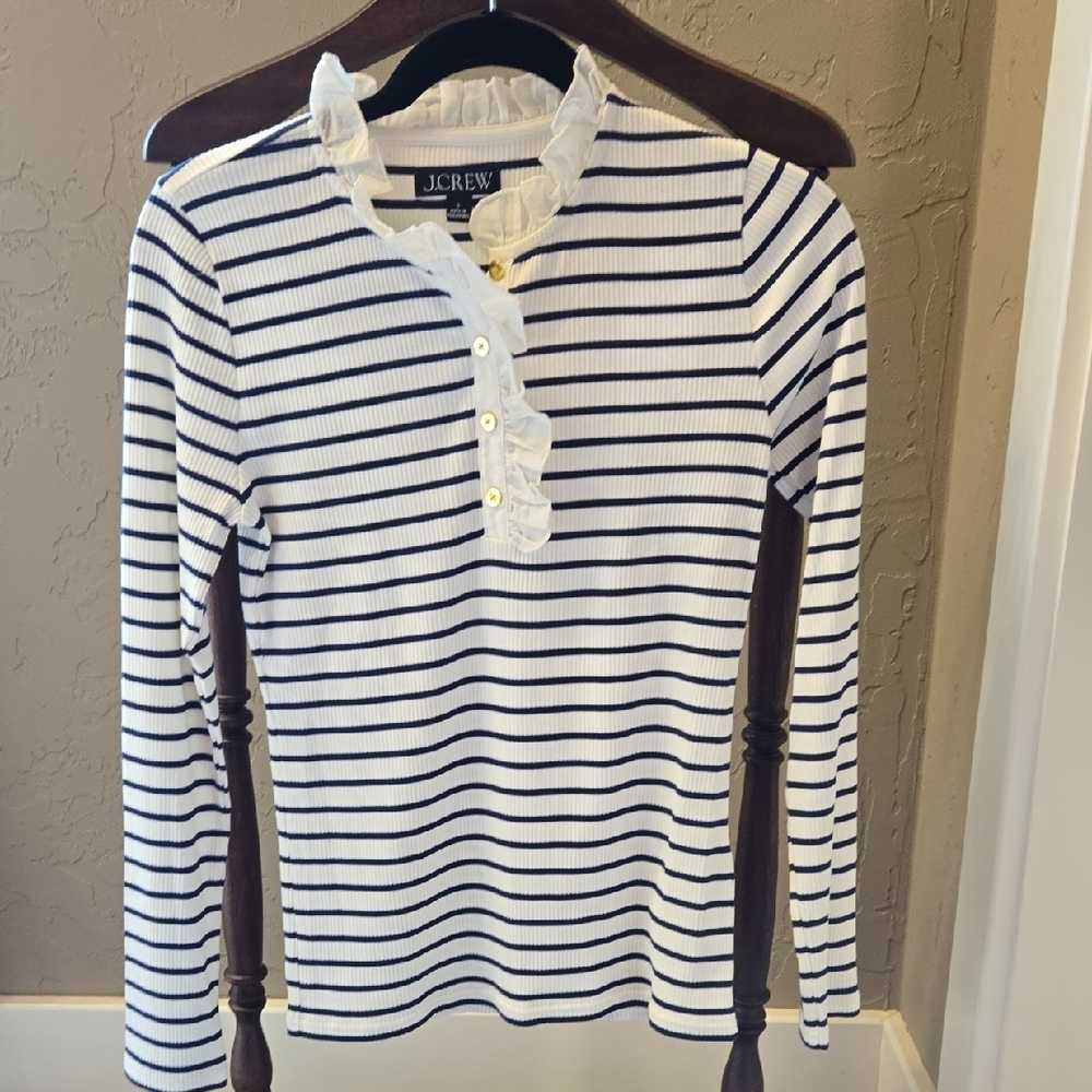 J. Crew Blue and White Ruffled Long Sleeve Top